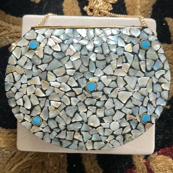 RAMLA Women’s Turquoise Mother of Pearl Mosaic Handmade Shoulder Bag/Clutch - Picture 4 of 15